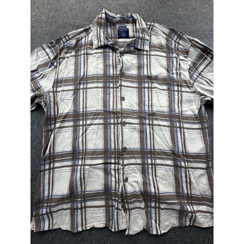 Trust Shirt Men's 3X Brown‎ Ivory Blue Plaid Button Down Short Sleeve Linen